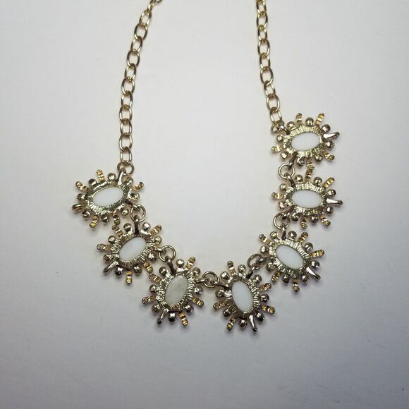 Chunky Gold Tone White Cabochon Statement Bib Necklace - Picture 3 of 5